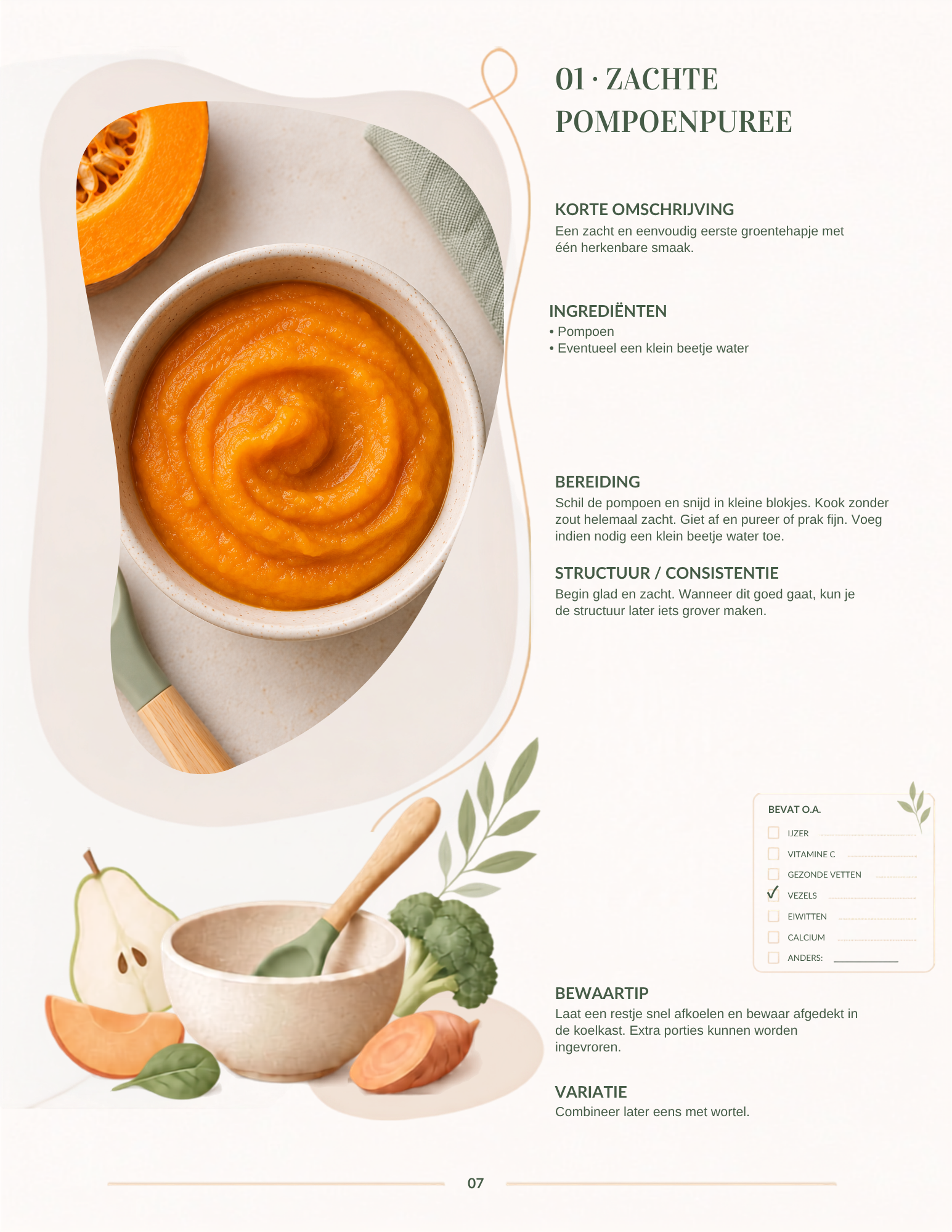 Receptpagina voor zachte pompoenpuree met ingrediënten en bereiding